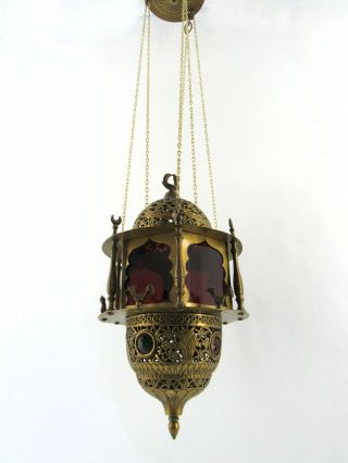 Vintage Pierced Brass Moroccan Jeweled Pendant Candle Lantern Tent Lamp
