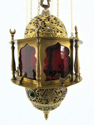 Vintage Pierced Brass Moroccan Jeweled Pendant Candle Lantern Tent Lamp 2