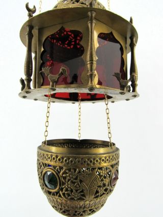 Vintage Pierced Brass Moroccan Jeweled Pendant Candle Lantern Tent Lamp 3