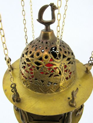 Vintage Pierced Brass Moroccan Jeweled Pendant Candle Lantern Tent Lamp 4