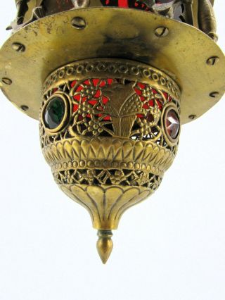 Vintage Pierced Brass Moroccan Jeweled Pendant Candle Lantern Tent Lamp 5