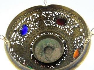 Vintage Pierced Brass Moroccan Jeweled Pendant Candle Lantern Tent Lamp 7