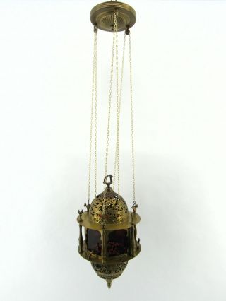Vintage Pierced Brass Moroccan Jeweled Pendant Candle Lantern Tent Lamp 8