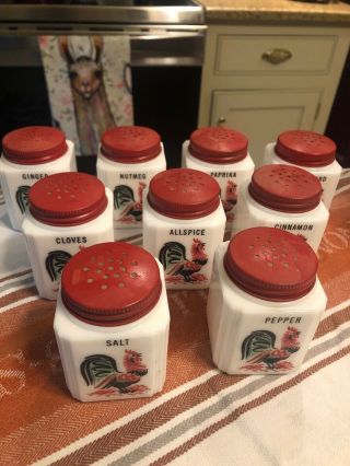 Vintage Set Of 9 Tipp Spice Jars 2 5/8” Milk Glass Rooster Red Metal Shaker Caps