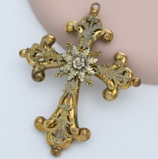 Antique Victorian Gold Gilt Filigree Flower Layered Large 2.  5 " Cross Pendant