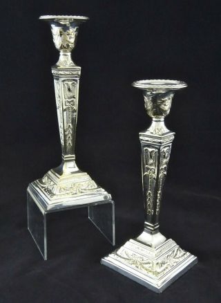 Pair Art Nouveau Style V Stem Ornate Candlesticks Silver Plate Brass