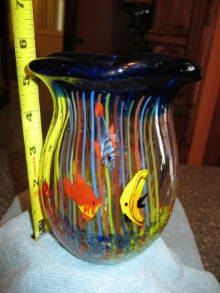 Vintage Murano Art Glass Fish Aquarium Vase - Cobalt With Bright Detailed Colors