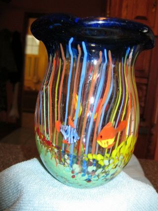 Vintage MURANO Art Glass FISH AQUARIUM VASE - Cobalt with bright detailed COLORS 3