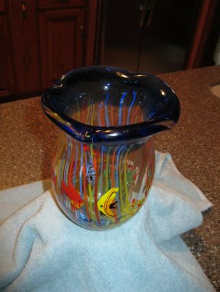 Vintage MURANO Art Glass FISH AQUARIUM VASE - Cobalt with bright detailed COLORS 5