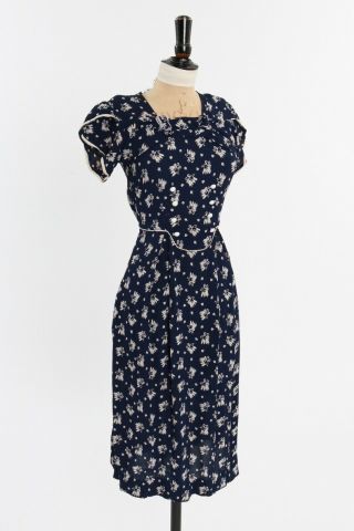Vintage 1940s Cc41 Novelty Print Rayon Crepe Dress Uk 8 10 S
