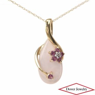 Estate Diamond Rhodolite Mother Of Pearl 14k Gold Flower Pendant Necklace Nr