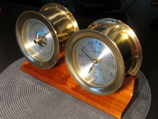 Vintage Airguide Brass Ships Chronometer Clock & Barometer W/ Wood Base -