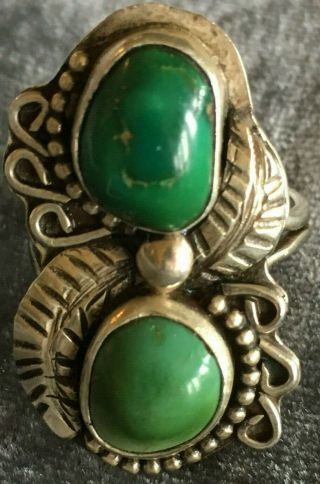 Big Green Turquoise Ring Vintage Native American Jewelry 8.  5 Old Sterling Silver