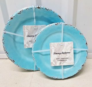 Vintage Tommy Bahama Melamine Blue Crackled Set Of 8 Dinner & Salad Plates