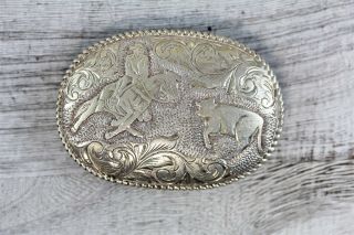 Vintage San Carlos Sterling Silver Belt Buckle Rodeo Southwest Etched Big N4717