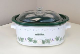 Vintage Rival 4.  5 Qt Oval Crock - Pot Slow Cooker Stoneware Green Callaway Ivy