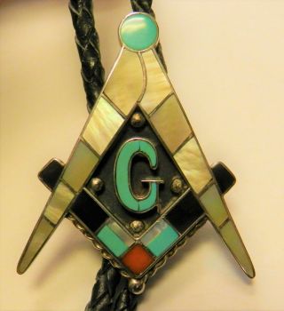 Vintage Zuni Bolo Tie Mason Shriner Freemason Wilford & Lena Quandelacy,  Sign Wlq