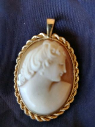 14k Gold Cameo Pendant Brooch Oval Pin Shell Yellow Antique Estate Jewelry