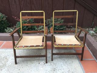 Vintage Mid Century Wood Slat Metal Canvas Spring Folding Lounge Chairs
