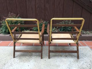 Vintage Mid Century Wood Slat Metal Canvas Spring Folding Lounge Chairs 2