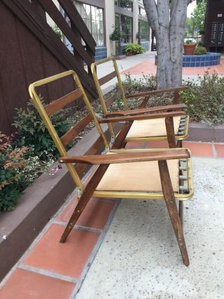 Vintage Mid Century Wood Slat Metal Canvas Spring Folding Lounge Chairs 3