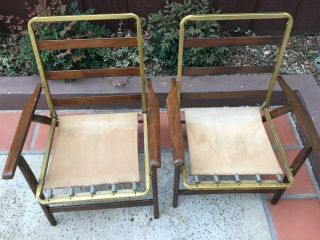 Vintage Mid Century Wood Slat Metal Canvas Spring Folding Lounge Chairs 4