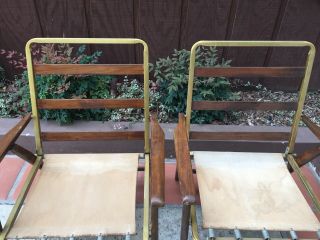 Vintage Mid Century Wood Slat Metal Canvas Spring Folding Lounge Chairs 5