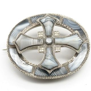 Antique Victorian Solid Silver Scottish Agate Set Ladies Brooch