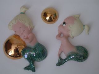 Vintage Pair Little Girl Mermaid With 2 Bubbles Wall Plaques Freeman Mcfarlin