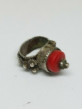 Antique Silver Yemeni Bedouin Jewish Ring With Old Red Coral Stone Size 7