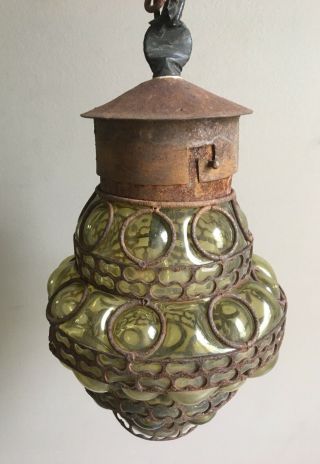 Vintage Mid Century Green Glass Globe Hanging Swap Lamp Barn Primitive