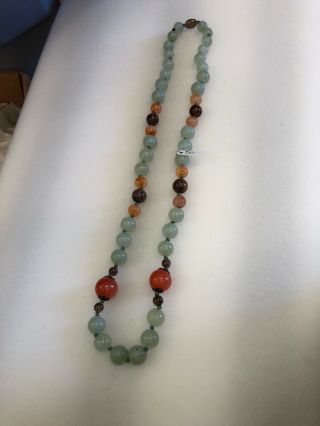Vintage Chinese Green Jade And Carnelian Bead Necklace