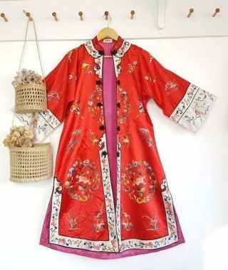 Vtg Silk Chinese Embroidered Jacket Hippy Boho Antique L M 14 12 8 10 Duster