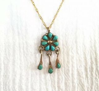 Vintage 14k Gold Native American Petite Point Turquoise Pendant Petit Dangle