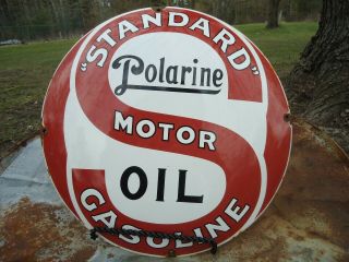 Large Vintage Standard Polarine Motor Oil & Gas Dome Porcelain Gas Pump Sign
