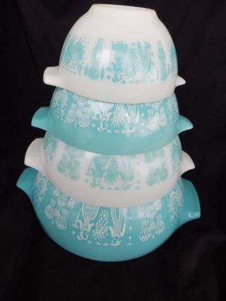Set 4 Vintage Pyrex Cinderella Bowls Amish Butterprint Turquoise 441,  442,  443,  4