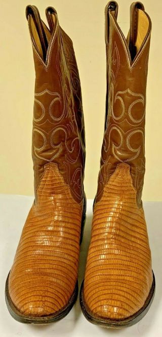 Vtg Tony Lama Brown Leather Lizard Skin Cowboy Boots Men 