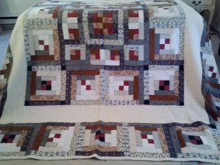 Antique Vintage Handmade Log Cabin Patchwork Cotton Quilt - 84x84 Fabulous