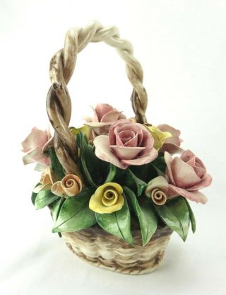 Capodimonte Porcelain Flower Basket Roses Pink Yellow 9 " ×6 " X10 " Vintage