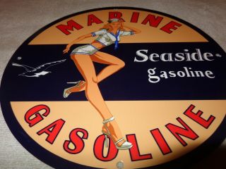 Vintage Seaside Marine Gasoline W/ Pin Up Girl 11 3/4 " Porcelain Metal Oil Sign