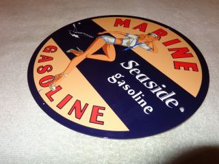 VINTAGE SEASIDE MARINE GASOLINE W/ PIN UP GIRL 11 3/4 