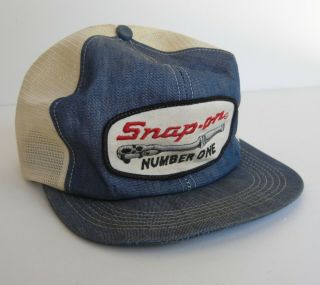 Vtg Snap - On Tools Snapback Denim Mesh Trucker Cap Hat Patch K Products Made Usa