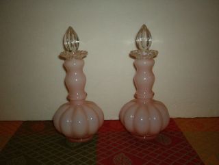 Vintage Set 2 Fenton Art Glass Pink Melon Dresser Perfume Bottles