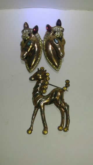 Rare Vintage Coro Sterling Horse Duette Fur Brooch And Sterling Horse   "