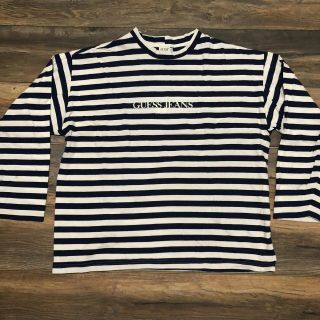 Rare 90’s Vintage Guess Jeans U.  S.  A Navy Striped Spell Out Long Sleeve Size 2xl