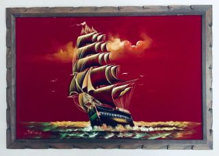 Vintage Red Velvet Sailing Ship Galleon Mid Century Signed Painting 39 " X 27 "