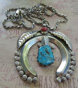 Vtg Native American Navajo Sterling Silver Turquoise & Coral Pendant Necklace