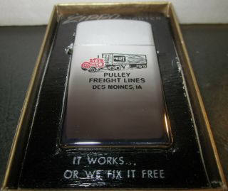 Vintage 1977 Slim Zippo Lighter Pulley Freight Lines Truck.