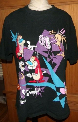 Vintage Ren And Stimpy Anvil T - Shirt Nickelodeon 90s Xl Black Wrap Around 1992