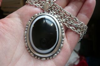 Vintage Bulls Eye Agate And Birmingham Silver Pendant With Heavy Silver Chain